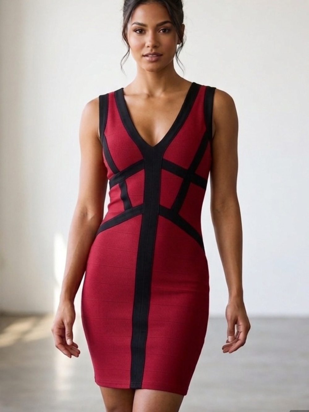 B Darlin Pink & Black V-Neck Bodycon Bandage Dress
